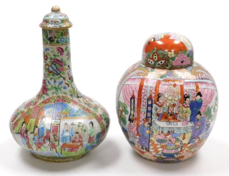 A 19thC Qing Dynasty Cantonese famille rose porcelain bottle vase and cover, decorated with reserves of figures within a ground of Buddhist emblems, butterflies and flowers, 32cm high, together with a 20thC Chinese famille rose porcelain ginger jar and co