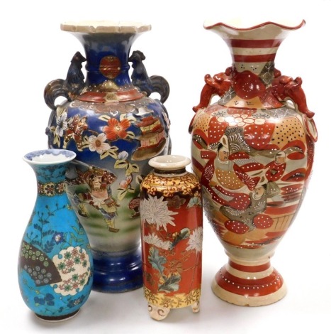 Three Japanese Satsuma vases, two decorated with samurai warriors, 46cm high, the other with chrysanthemums, together with a Japanese totai cloisonne on porcelain vase, decorated with fan shaped panels on a floral ground, 27cm high.