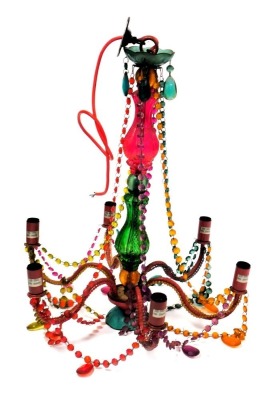 A mid-century Murano style six branch chandelier, with a varicoloured stem and chain links, 61cm high.