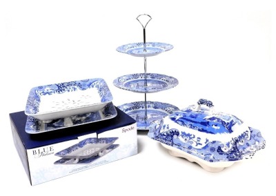 Withdrawn Pre-Sale to be sold GR010524 A Spode pottery blue and white Italian pattern vegetable tureen and cover, together with a three tier cake plate, and a 200th Anniversary fruit dish on stand, boxed. (3)