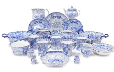 Withdrawn Pre-Sale to be sold GR010524 A group of early 20thC Adams Chinese pattern blue and white dessert and tea wares, including a pair of twin handled baskets, tea pot, mugs, three piece condiment set, milk and creams jugs. (qty)