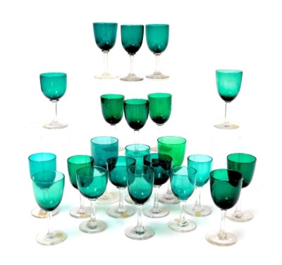 A group of early 20thC green and turquoise wine glasses, varying sizes. (qty)