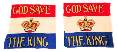 Two early 20thC royal commemorative flags, red, white and blue banded, with a central crown, within "God Save the King", 69cm x 128cm.