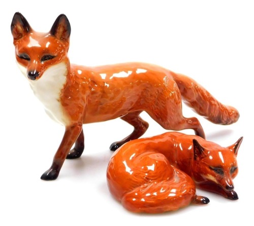 A Beswick pottery figure of a fox, modelled standing, 23cm wide, and a further figure of a recumbent fox, number 1017, printed and impressed marks. (2)