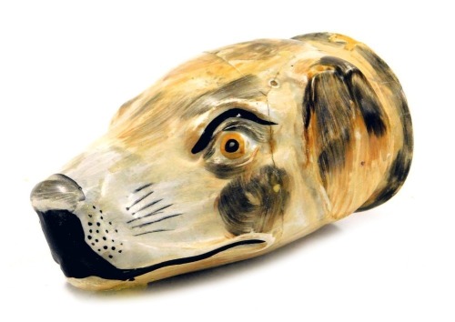 A 19thC Staffordshire pottery stirrup cup, modelled as a hound's head, 12cm high. (AF)