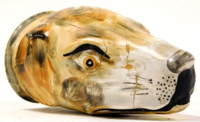 A 19thC Staffordshire pottery stirrup cup, modelled as a hound's head, 12cm high. (AF) - 2