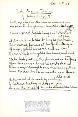 Hammerton (JA). An Outline of English Literature, the first page with a handwritten poem The Engine Driver, by James Welsh MP, dated Nov.14th 25, published by The Educational Book Company Limited, London 1925. - 2