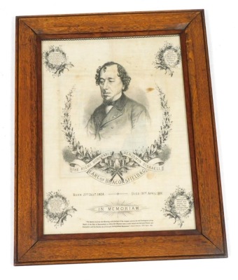 A Victorian In Memoriam cloth to the Right Honourable Benjamin Disraeli, Earl of Beaconsfield, KG, with quotes from the statesman, and message, on the occasion of his death, from Her Majesty the Queen, oak framed, 49cm x 35cm. - 2