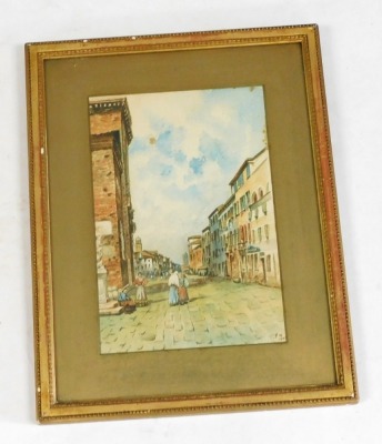 English School (early 20thC). Continental street scene, watercolour, monogrammed, dated 1903, 27.5cm x 18cm, together with a South East Asian village landscape, watercolour, signed indistinctly, dated '76, 24cm x 36cm. (2) - 2