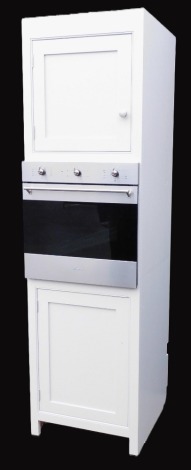 A grey painted pine kitchen unit, inset with a Smeg oven, serial no SS6341GDX, with cupboards above and below, 214.5cm high, 60cm wide, 63cm deep.