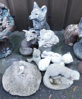 Garden statuary, to include wolf and cubs, fairy seated on toadstool, otter, Teddy bear, etc. (a quantity)