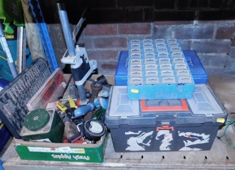 Various hand tools, together with two plastic toolboxes, Harrods Earl Grey tea tin, volt meter, spanners, clamps, etc.