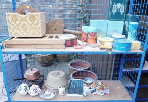 Various bygone tins, together with a magazine rack, folding chair, ceramics, glassware, etc. (2 shelves)