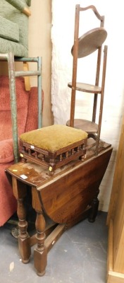 A folding oak gate leg table, an oak folding cake stand and late Victorian stool. (3)