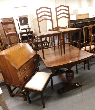 A group of furniture, to include an oak draw leaf dining table, a pair of mahogany and inlaid bedroom chairs with caned seats, an oak bureau, etc. (6)