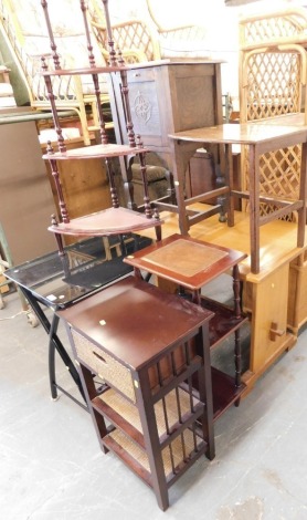 A group of furniture, to include an oak sewing box, oak trestle type table, four tier corner whatnot, glass top occasional table, etc. (7)