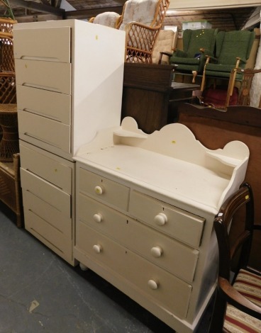 A Victorian cream painted chest, the raised back above two short and two long drawers, 104cm high, 81cm wide, 46cm deep, together with two mid century four drawer painted chests. (3)