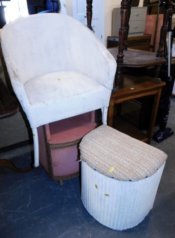 A Lloyd Loom style painted tub chair, laundry bin and side table. (3) The upholstery in this lot does not comply with the 1988 (Fire & Fire Furnishing) Regulations, unless sold to a known exporter or upholsterer it will be cut from the frame before leavin