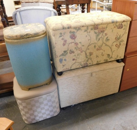 Two upholstered ottomans, and two Lloyd Loom style laundry baskets. (4) The upholstery in this lot does not comply with the 1988 (Fire & Fire Furnishing) Regulations, unless sold to a known exporter or upholsterer it will be cut from the frame before leav