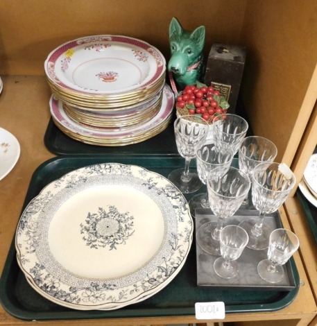 A Copeland Spode part dinner service, decorated with flowers with a pink scale border, together with a Sylvac pottery dog, 8cm high, various drinking glasses, a pair of Wedgwood dinner plates decorated in the Etruria pattern, etc. (2 trays)