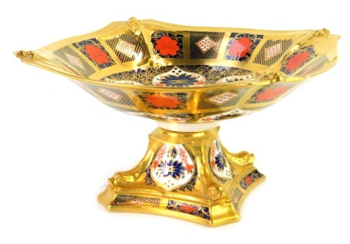 A Royal Crown Derby Old Imari porcelain comport, gold ground, pattern 1128, printed marks, 26cm wide, boxed.