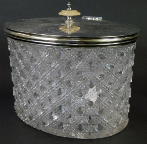 A Victorian silver plated and cut glass biscuit barrel, of oval form, the silver plated top with mother of pearl handle, bright cut engraved and bearing inscription Cake Basket Biscuit Box and Toast Rack Presented to Mrs Harries on the Occasion of her Mar