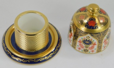 A Royal Crown Derby Old Imari porcelain match holder and striker, gold ground, pattern 1128, red printed marks, 7cm high, boxed. - 2