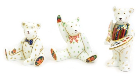 Three Royal Crown Derby Miniatures porcelain Teddy bear figures, comprising Victoria (waving), Edward and Claude, two boxed.