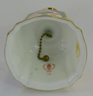 A Royal Crown Derby Old Imari porcelain hand bell, gold ground, pattern 1128, 14cm high, boxed, together with a Royal Crown Derby Old Imari porcelain circular trinket dish and cover, gold ground, pattern 1128, 8.5cm diameter, boxed. (2) - 2