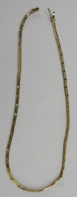 An Eastern inspired box link neck chain, yellow metal, clasp stamped 585, 45cm long, 11.8g all in. - 2