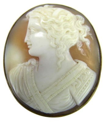 An early 20thC shell cameo brooch, the oval brooch depicting figure in flowing robes with curls, in a brass mount with single pin back and safety chain, 4.5cm x 3.5cm.