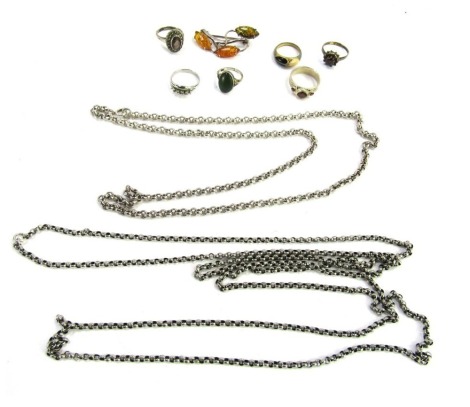 A group of silver and other jewellery, comprising dress ring stamped 925, imitation amber bar brooch, two white metal necklaces, 113.6 all in.