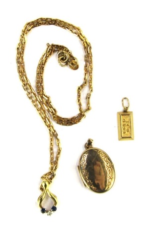 9ct gold and other jewellery, comprising a gold bar type pendant, 1cm high, stamped 9kt, a 9ct gold oval locket, a box link neck chain stamped 9kt, 44cm long, and an 18ct gold sapphire and diamond set pendant, 1.5cm high, 7.7g all in. (3)