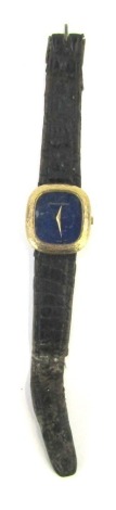 A Bueche-Girod gentleman's wristwatch, with a square set dial with lapis lazuli type design back, with bark effect outer frame, yellow metal, unmarked, with twenty one jewel movement, the dial 2.5cm x 3cm.