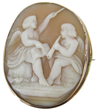 A 19thC shell cameo brooch, the oval cameo set with two female figures with wings, conducting and playing the flute, in a yellow metal frame, on single pin back with safety chain, stamped 9ct, 4.5cm x 3.5cm, 9.3g all in.