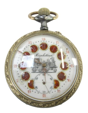 A French Regulatory Train watch, with a white enamel dial, Roman numerals in orange enamelled backing, with gold hands and seconds dial with central train emblem, in a stainless steel case with gold plated acorn border decoration, bezel wind, 7cm diameter