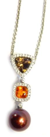 A cultured pearl necklace, of modern design, with a brilliant cut deep brown/purple topaz, and a square cut citrine surrounded by a halo of tiny diamonds with a brown lustre finish pearl drop, in a white gold frame, on fine link neck chain stamped 18k, th