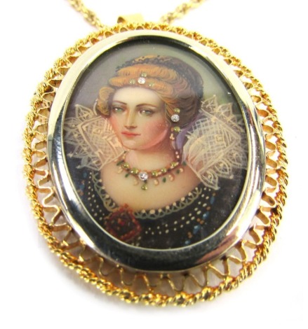 An 18ct gold miniature portrait brooch/pendant, with a pierced outer basket, depicting lady in Elizabethan style dress, set with tiny diamonds, on a Prince of Wales feather necklace chain, the pendant 4cm x 3cm, the chain 40cm long, 14.7g all in.