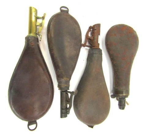 Three 19thC leather shot flasks, to include one for Bartram & Co, together with a 19thC steel powder flask. (4)