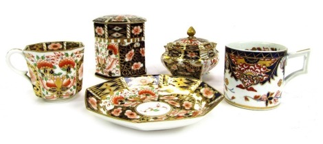 A group of Royal Crown Derby Imari porcelain, to include octagonal jar and cover, 9cm high, pot and cover, 8cm high, (AF), coffee cup and saucer, and a small mug.