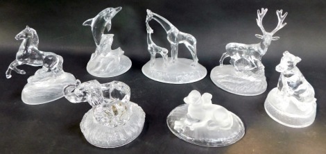 A group of moulded glass figures, to include elephant and calf, 13cm high, stag, 20cm high, rearing horse, etc. (1 tray)