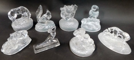 A group of moulded glass paperweights, to include owl on branch, 16cm high, squirrel holding nut, 14cm high, horse and foal, 10cm high, etc. (1 tray)