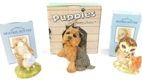 A Country Artists figure modelled as Yorkshire Terrier Puppy, 01905, boxed, together with two Royal Doulton John Beswick Studios Beatrix Potter figures, modelled as Old Mr Brown and Tom Will Fetch Milk, boxed. (3)