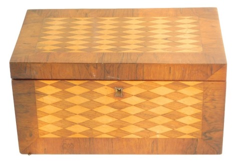 A 19thC rosewood and parquetry inlaid sewing box, the hinged lid enclosing a fitted interior, with various compartments, some with lids, mirror plate to lid lacking, 15.5cm high, 30cm wide, 18cm diameter.