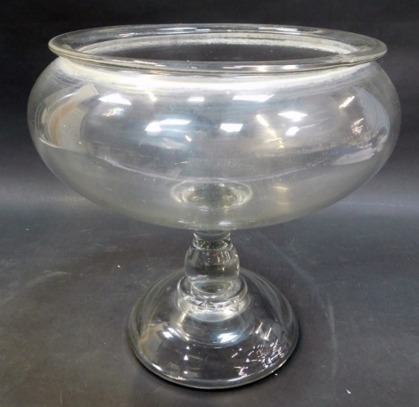 An early 20thC French glass pedestal leeches bowl, of compressed cylindrical form, on pedestal on circular foot, 29cm high.