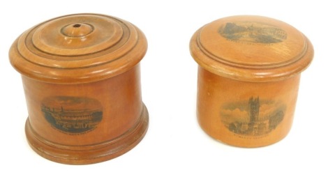 Two pieces of Mauchline ware, comprising a string box for Newlanding Place and Pier Margate, 7cm high, and a cylindrical box and cover for Market Cross Thornton.