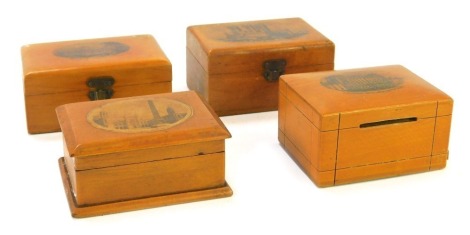 Three Mauchline ware trinket boxes, for Grasmere English Lakes, 9cm wide, Lincoln Cathedral from the North West, Marischal, and a money box for Alexandra Hotel Bridlington Quay.