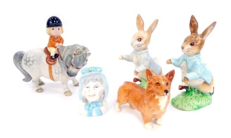 A Beswick Normal Thelwell figure, of Angel on horseback, 12cm high, together with a pottery figure of a Corgi, Royal Worcester porcelain candle snuffer modelled as Mrs Coudle, a Beswick Peter Rabbit figure and another.