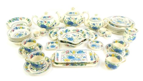 A Masons ironstone part dinner and tea service decorated in the Regency pattern, to include teapot, bachelor's teapot, egg cup, tea cups and saucers, breakfast bowls, side plates, etc.