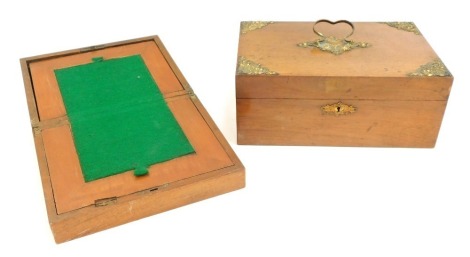 A 19thC walnut writing box, with inlaid diamond motif to the top, the hinged lid enclosing a green felt interior, with two recesses, 23.5cm wide, together with a Victorian mahogany workbox, with brass mounts and handle, the hinge lid enclosing an interior